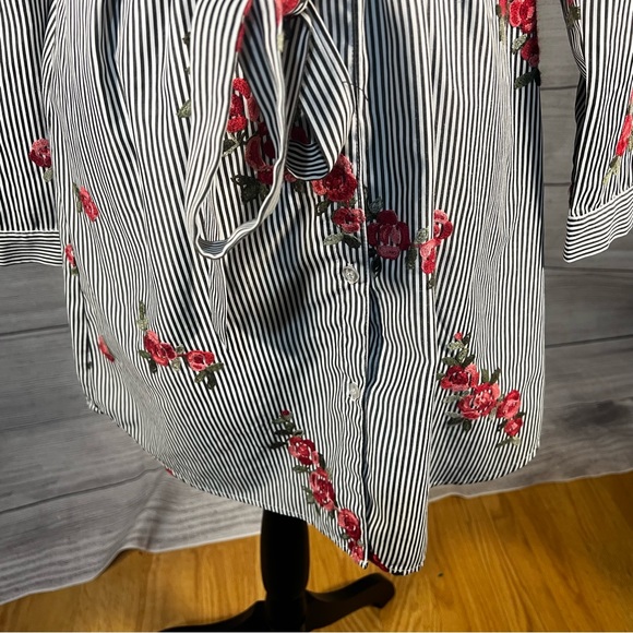 J.Glee Floral Pin-Striped Shirt Dress with Embroidered Roses - Picture 5 of 8